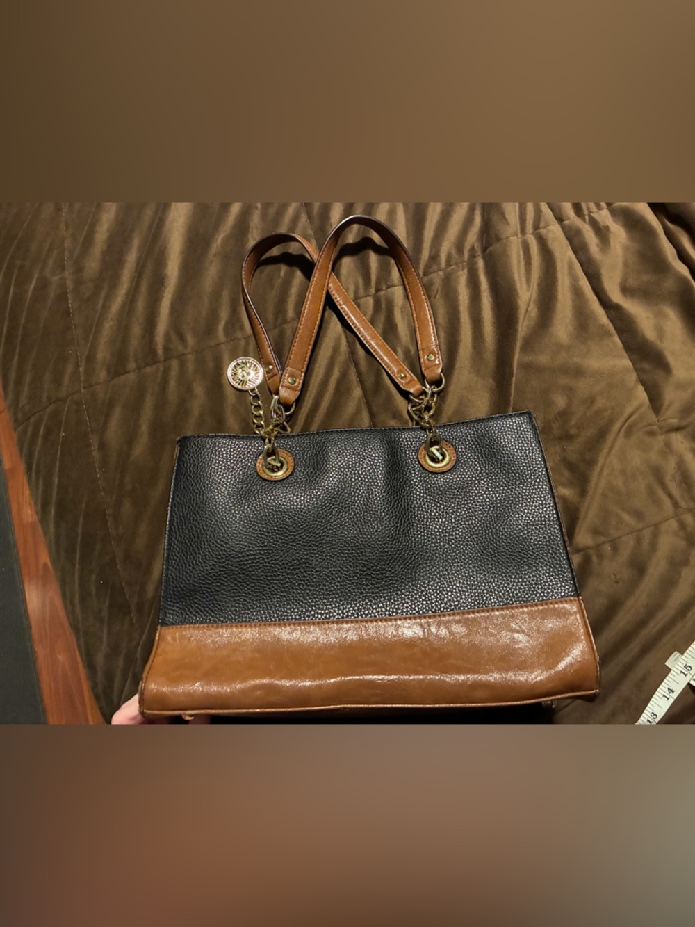 Two-Tone Black and Brown Leather Tote Bag by Anne Klein - Picture 7 of 10